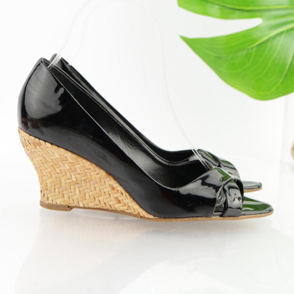 Franco Sarto Womens Fresh Pumps Size 6.5 M Black Patent Wedge Heel Open Toe Shoe
